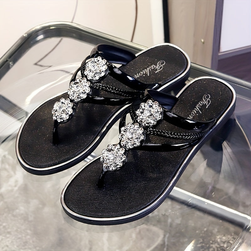 Diamond wedge flip flops for women with rhinestone details