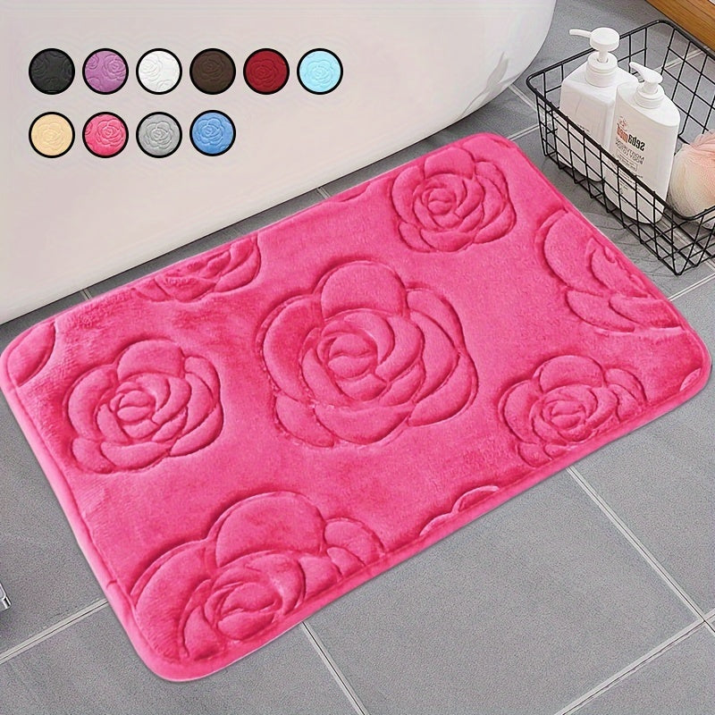 Plush, anti-slip bathroom mat with rose pattern in blue and white floral design. Absorbent and soft, perfect for bathroom or bedroom use.