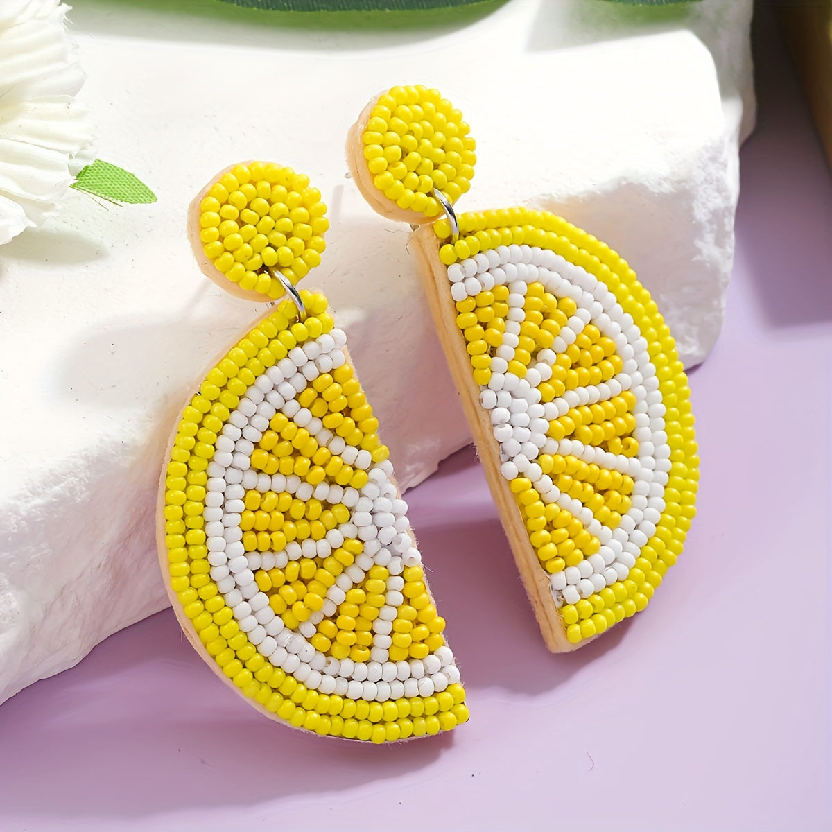 Handmade Beaded Fruit Earrings, Stylish Boho Design with Stainless Steel Post, Featuring Summer Lemon and Orange Motif. Perfect for Women's Fashion, Ideal for Daily or Vacation Wear.