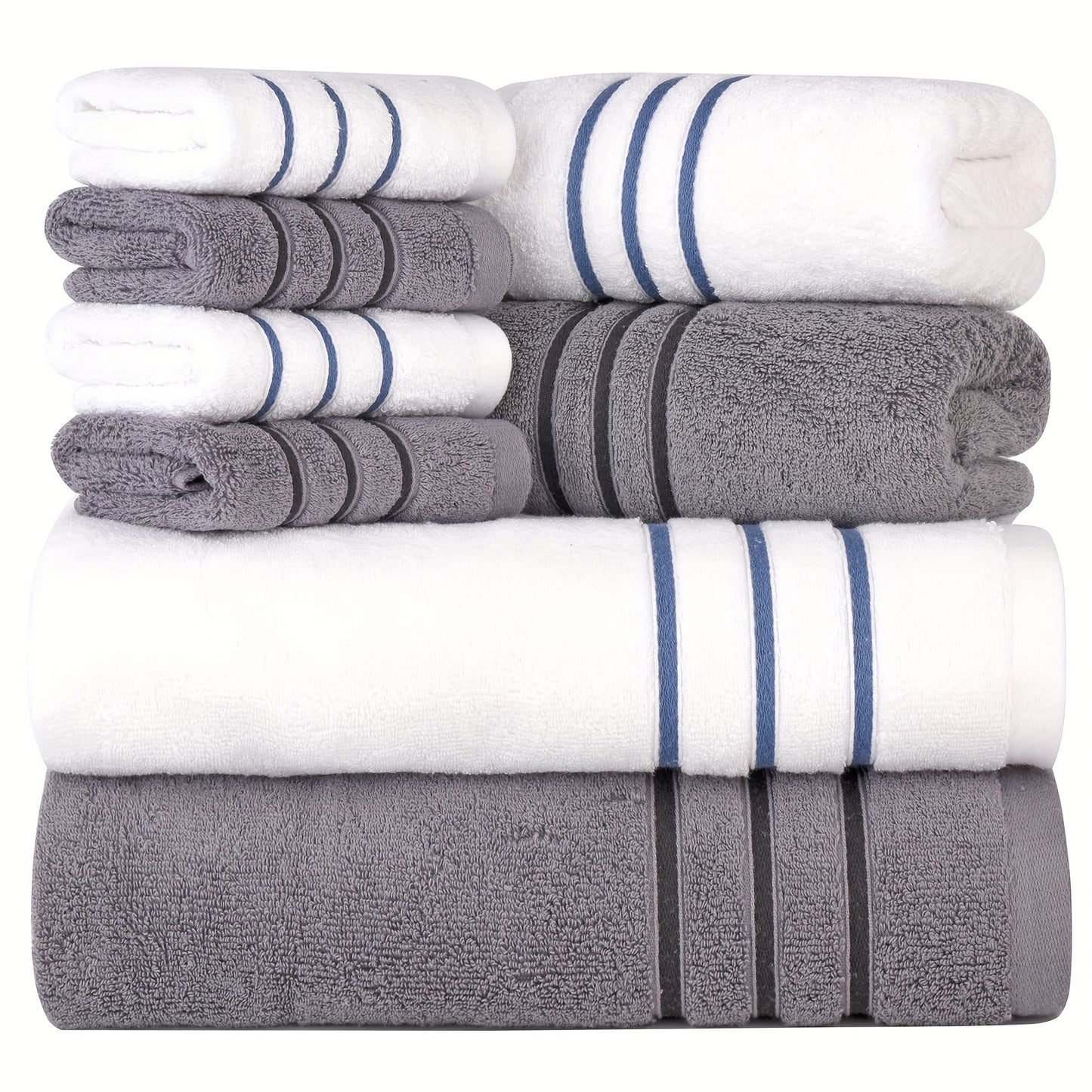 A set of 8 soft, premium cotton towels in various sizes, quick drying and fluffy, in multicolor. Includes 2 bath towels, 2 hand towels, and 4 washcloths. Perfect bathroom accessories.