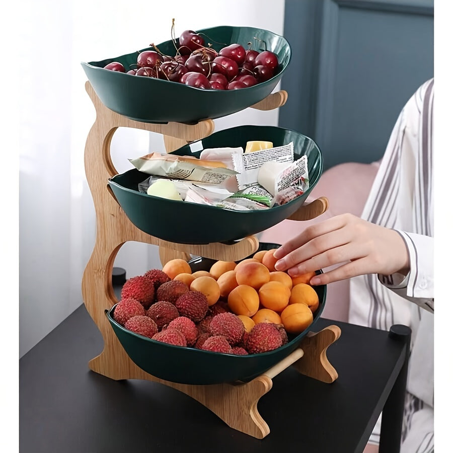 Two-tier/three-tier kitchen fruit basket with European-style design, made of bamboo wood for storing snacks and candies.