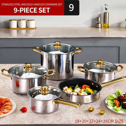 9-piece Non-Stick Pot Set for Home Kitchen, featuring a Frying Pan, Stock Pot, and Southeast Asian Stock Pot.