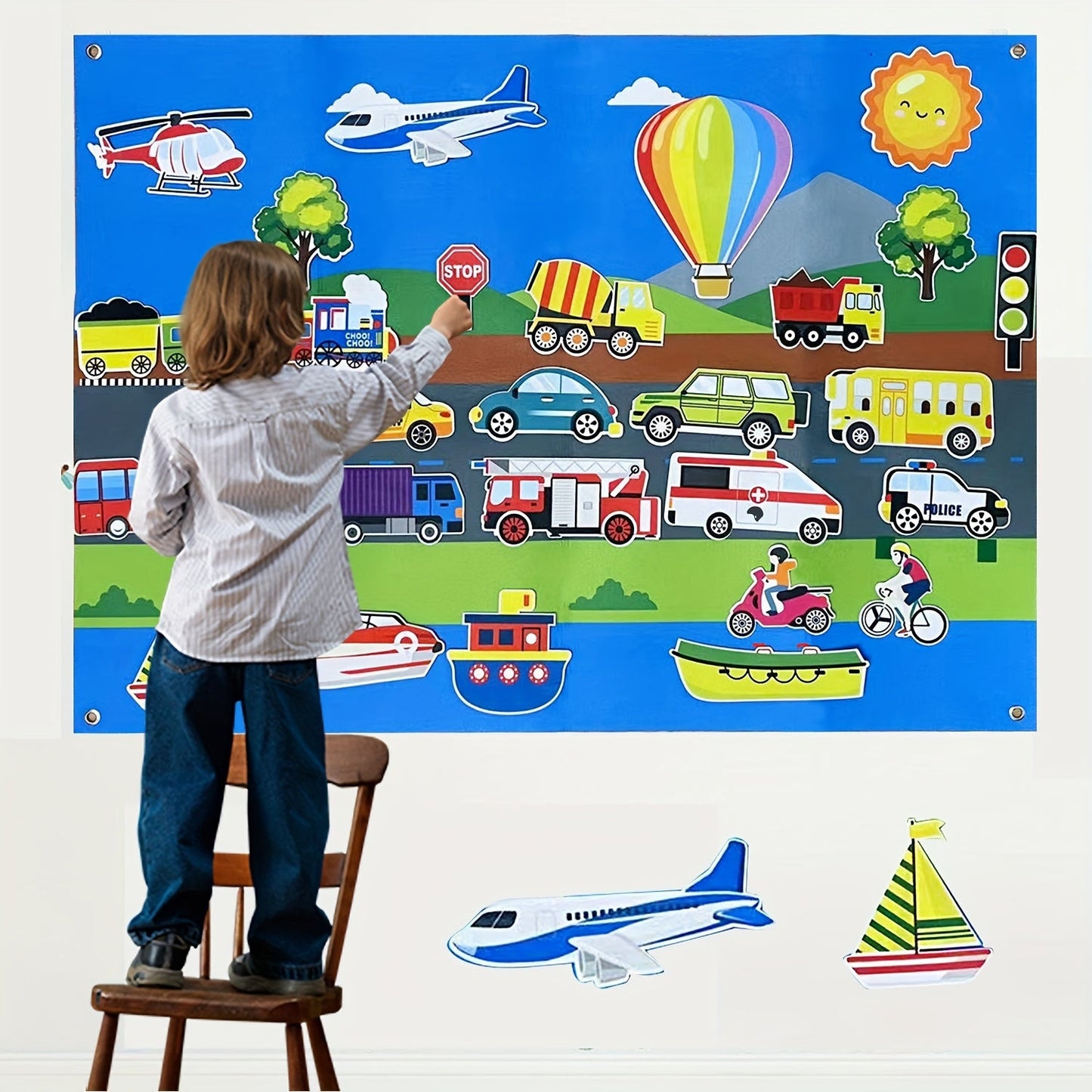 Transportation Felt Storyboard Set for Kids - 30 Pieces of Interactive Play with Planes, Trains, Cars & Boats - Educational Toy for Early Learning - Includes Hooks for Wall Hanging - Great Christmas Present - Measures 106.68cm