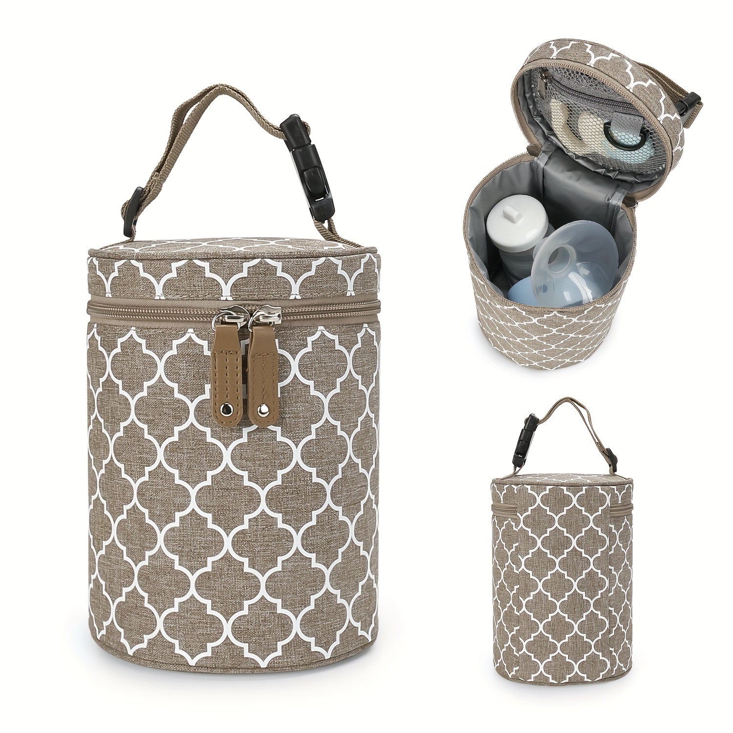 Stylish portable breast pump bag with insulated round bucket design for keeping meals fresh on-the-go, can be hung on stroller.