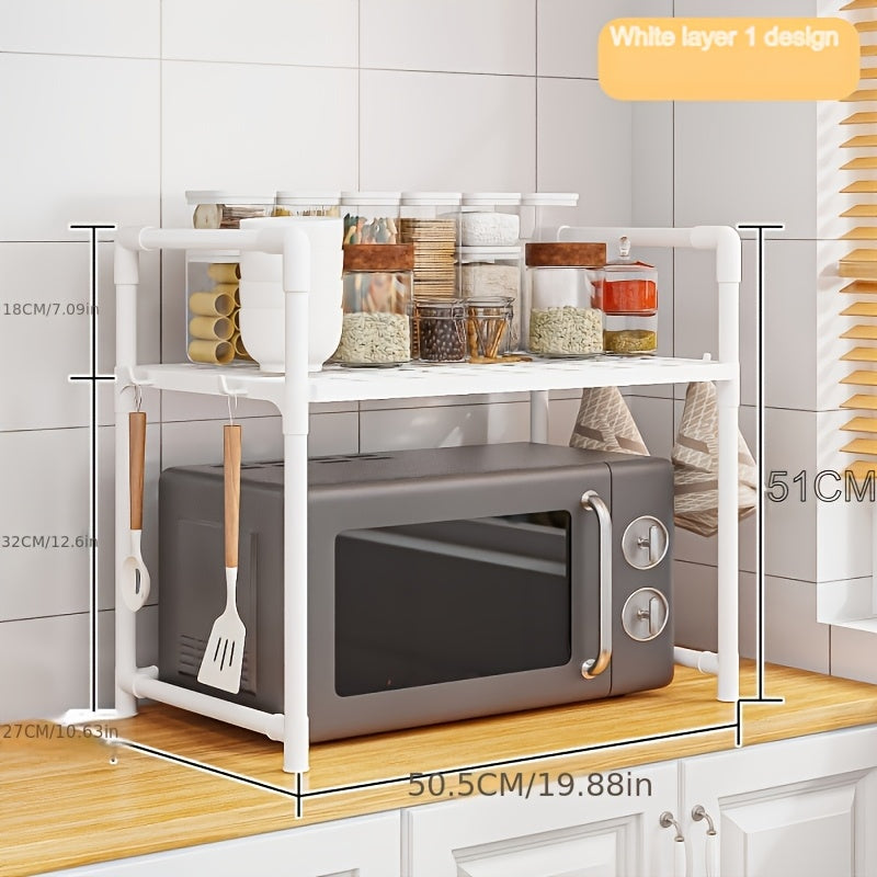 Get organized with our 1pc Kitchen Organizer Rack! This open-storage metal rack features handles and hooks, making it perfect for storing kitchen essentials. Use it as a multipurpose microwave stand, oven and toaster shelf. Made with durable plastic and