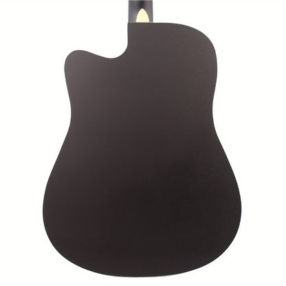 41-inch all mahogany black folk guitar with matte finish, enclosed tuners, tech wood fingerboard, rosewood bridge, black pickguard, includes black gig bag, picks, strap. Eid Al-Adha Mubarak.