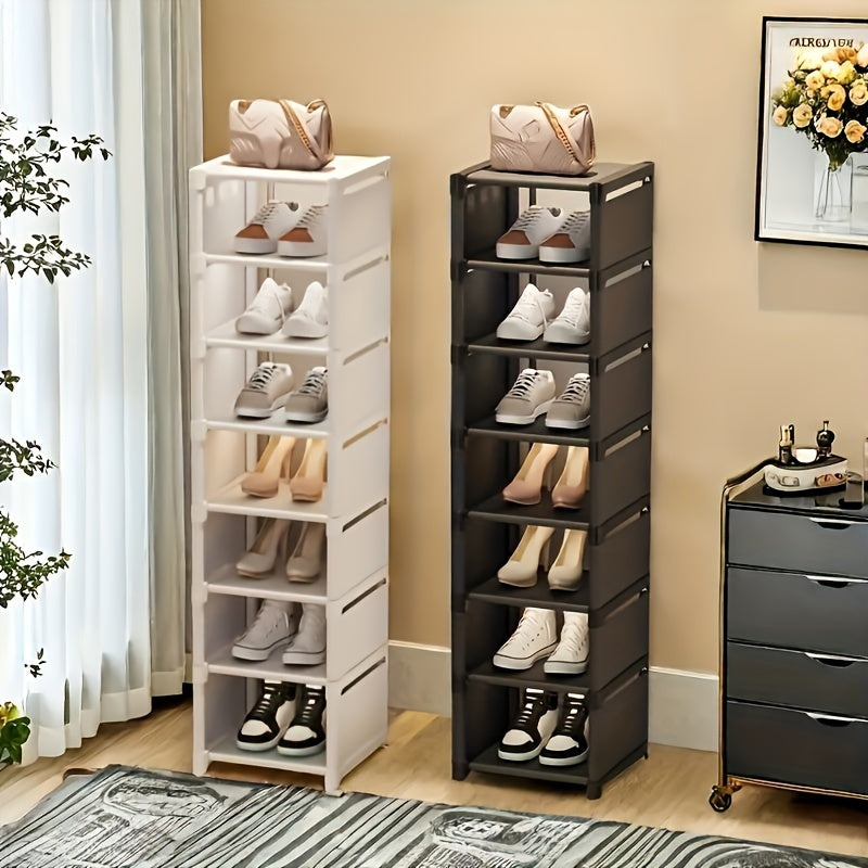 Tall narrow shoe rack designed for front door or closet entrance, made of durable metal with 7 shelves to store 4-7 pairs of shoes or boots. Stackable design saves space.