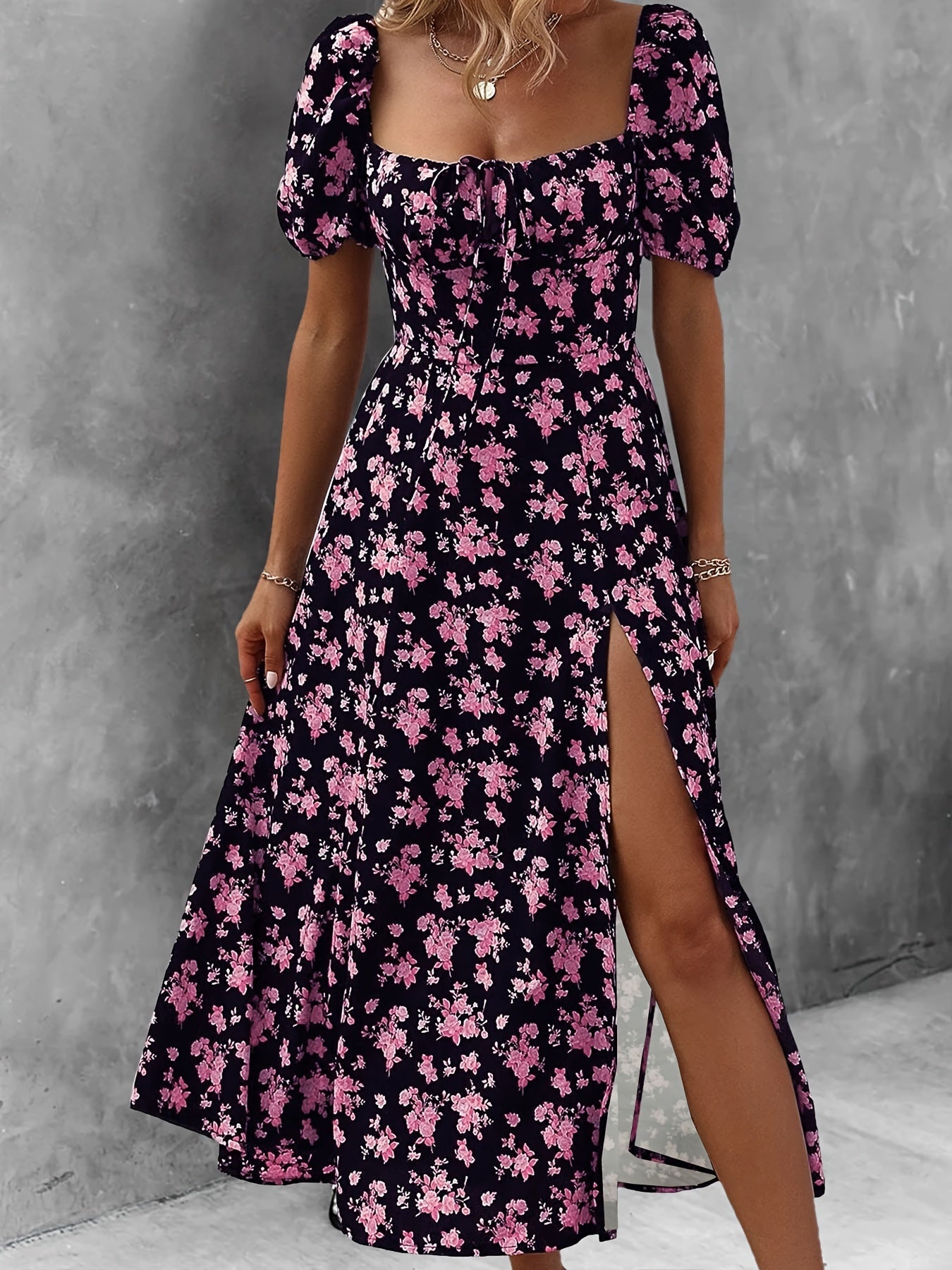 Floral print high slit dress with puff sleeves, perfect for spring and summer.