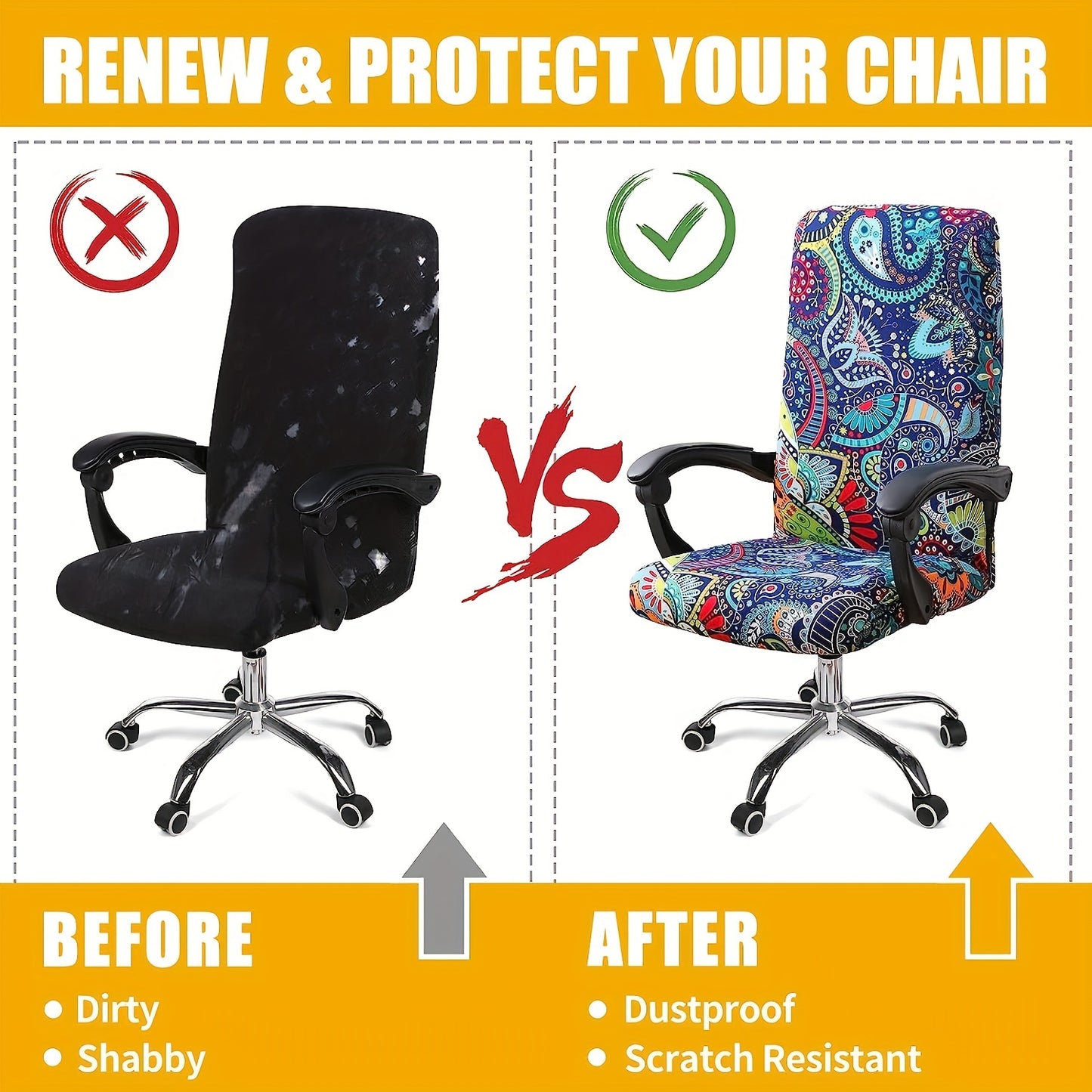 Elastic printed office chair cover with zipper, washable and dustproof for universal office rotating chairs. Perfect for bedroom, study, or office room decoration.