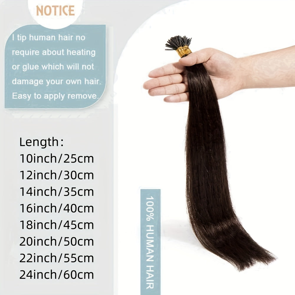 Brazilian human fusion hair extensions with straight I tip, 50pcs/set, natural color, 40.64-66.04 cm.