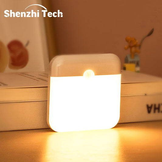 Shenzhi Tech LED motion sensor night light with 3 lighting modes and USB-C rechargeable, ideal for indoor use in various settings.