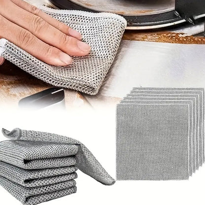 Get a pack of 10/20 stainless steel double-layer wire dishcloths that are perfect for a variety of cleaning tasks. These non-scratch, non-stick, and oil-free cloths can be used on stove surfaces, pots, range hoods, and more. They are versatile mesh