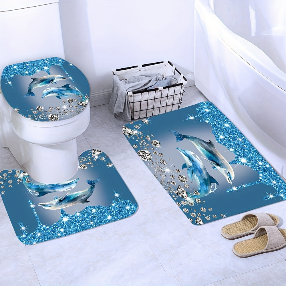 Dolphin-themed shower curtain set with bath mat & rug. Waterproof polyester, easy care. Ideal for ocean-themed bathroom decor.