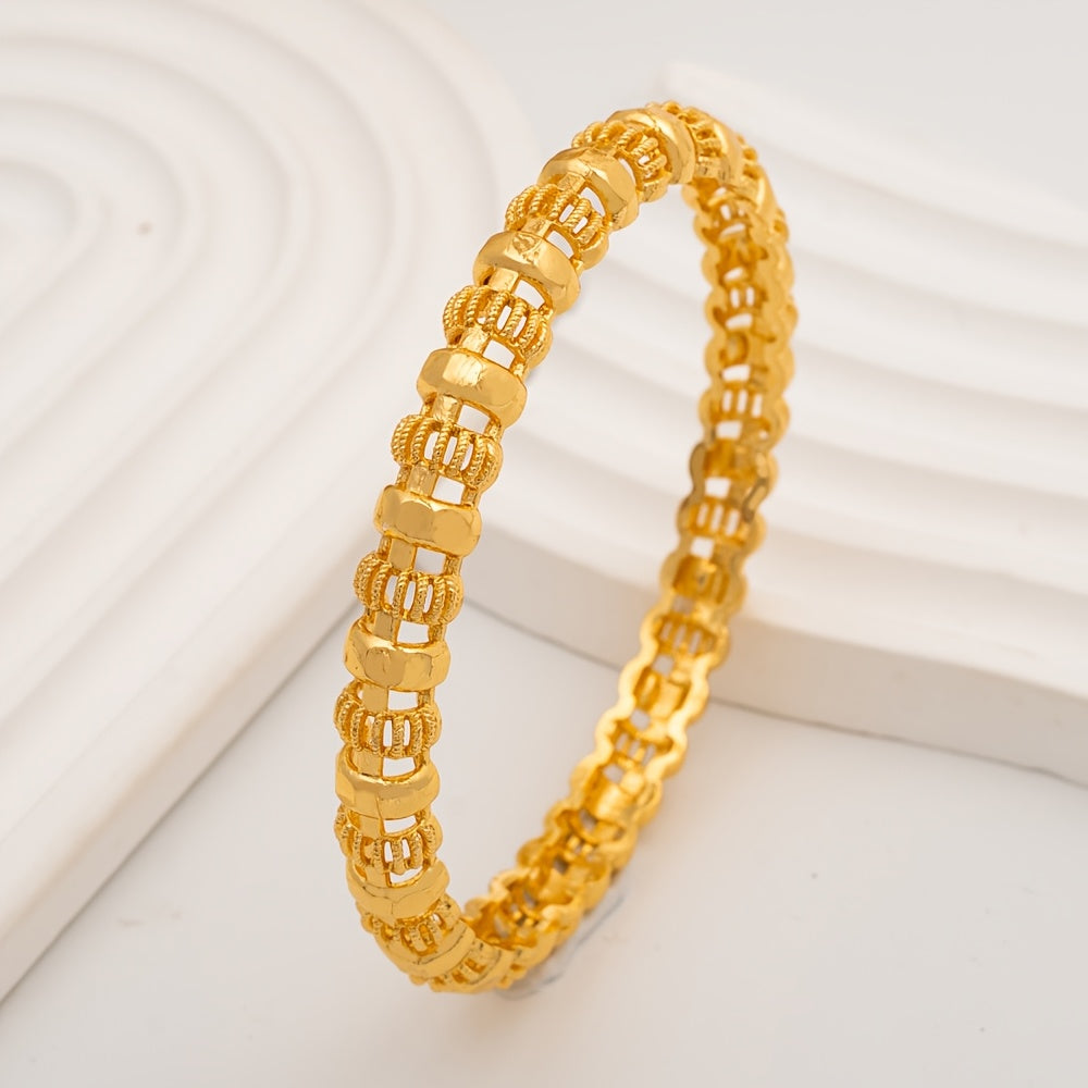 Set of 4 elegant bangles crafted from gold-tone alloy, inspired by Dubai's luxury fashion. Perfect for women seeking Middle Eastern style for bridal, festival, or everyday wear. A thoughtful Thanksgiving gift that can be worn year-round.