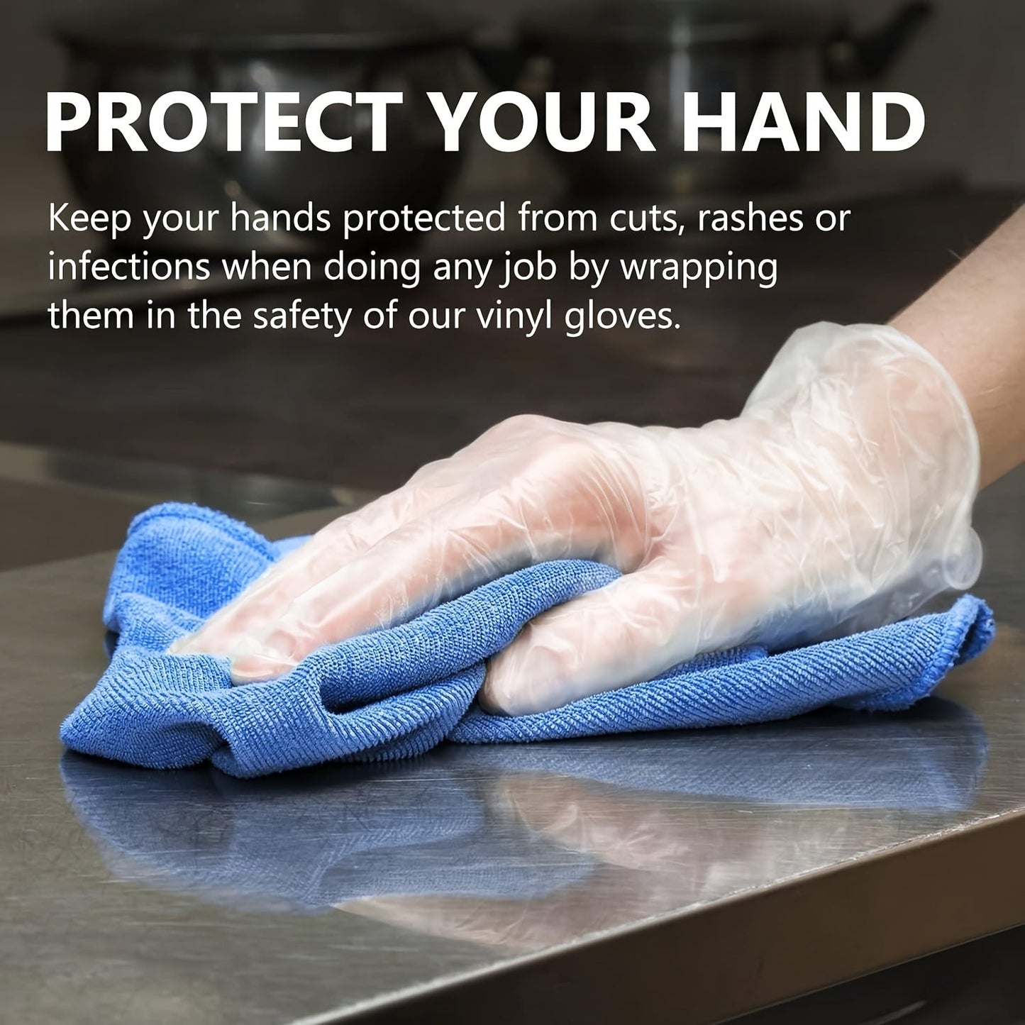 100 pieces of TPE disposable gloves, ideal for food safety, household cleaning, and various tasks like kitchen baking, beauty, hair care, and pet care. These transparent gloves are powder and latex-free, making them suitable for use in restaurants