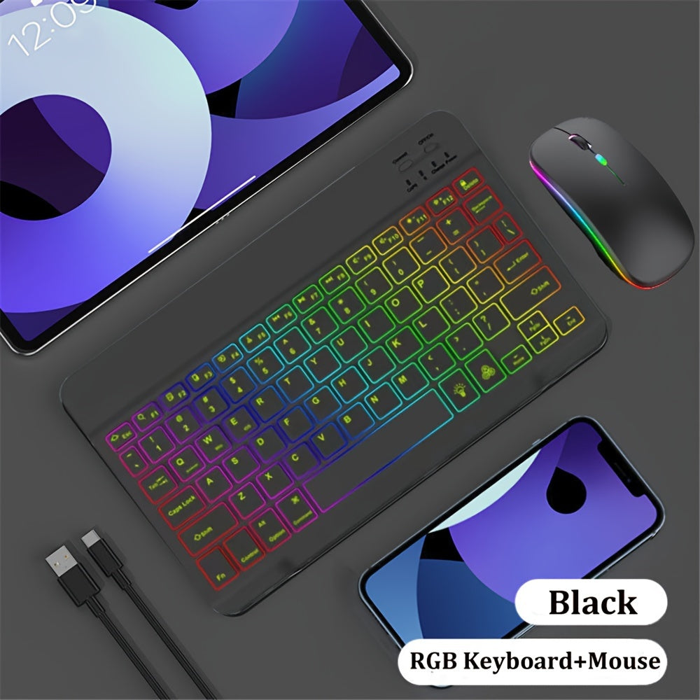 Ultra-Slim backlit wireless keyboard and mouse set with rechargeable battery, type-C charging, and tablet compatibility in English layout.