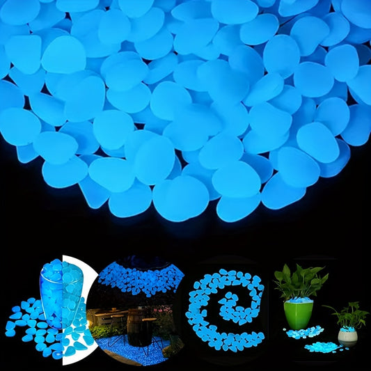 200 blue glow-in-the-dark stone gravel for outdoor decoration in gardens, aquariums, walkways, and paths. Suitable for luminous tank, wedding, and DIY decor.