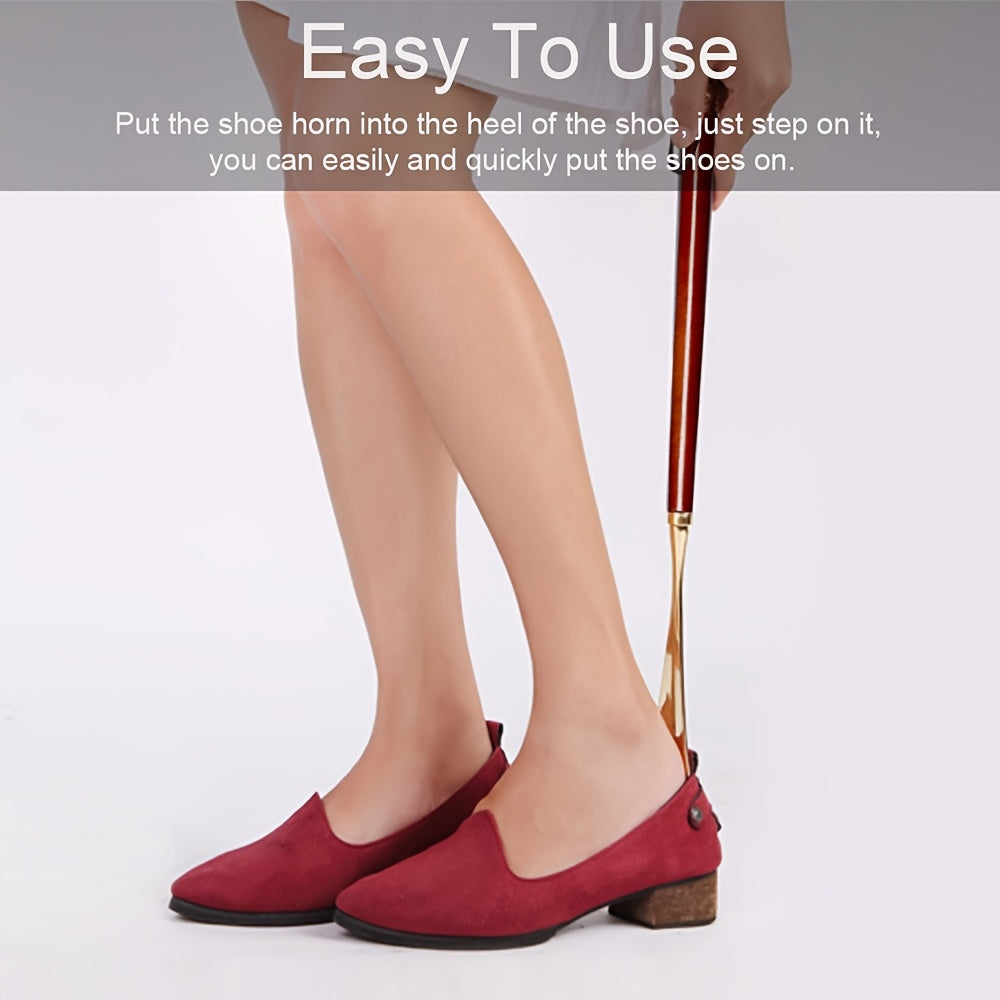 Extra long horse head shaped metal shoehorn, 55.88 cm in length, allows you to wear shoes without bending over.