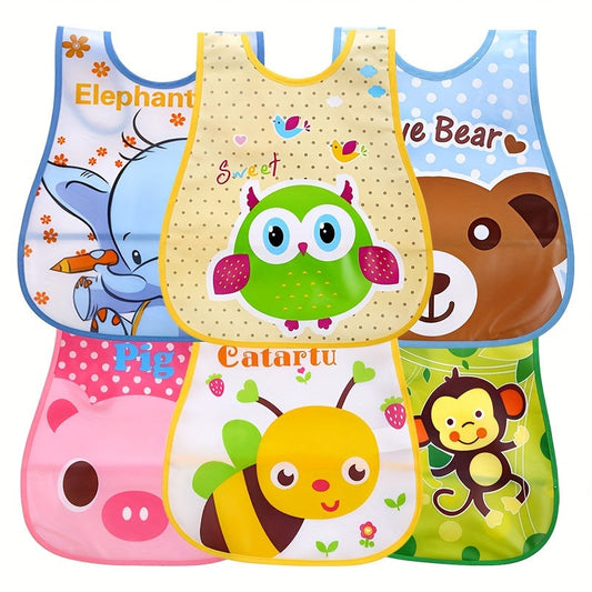 Three water-resistant bibs with hook and loop closures, featuring a cartoon design made of polyester material. Suitable for children up to 6 years old, these drool bibs are easy to clean and can be used as a feeding apron.