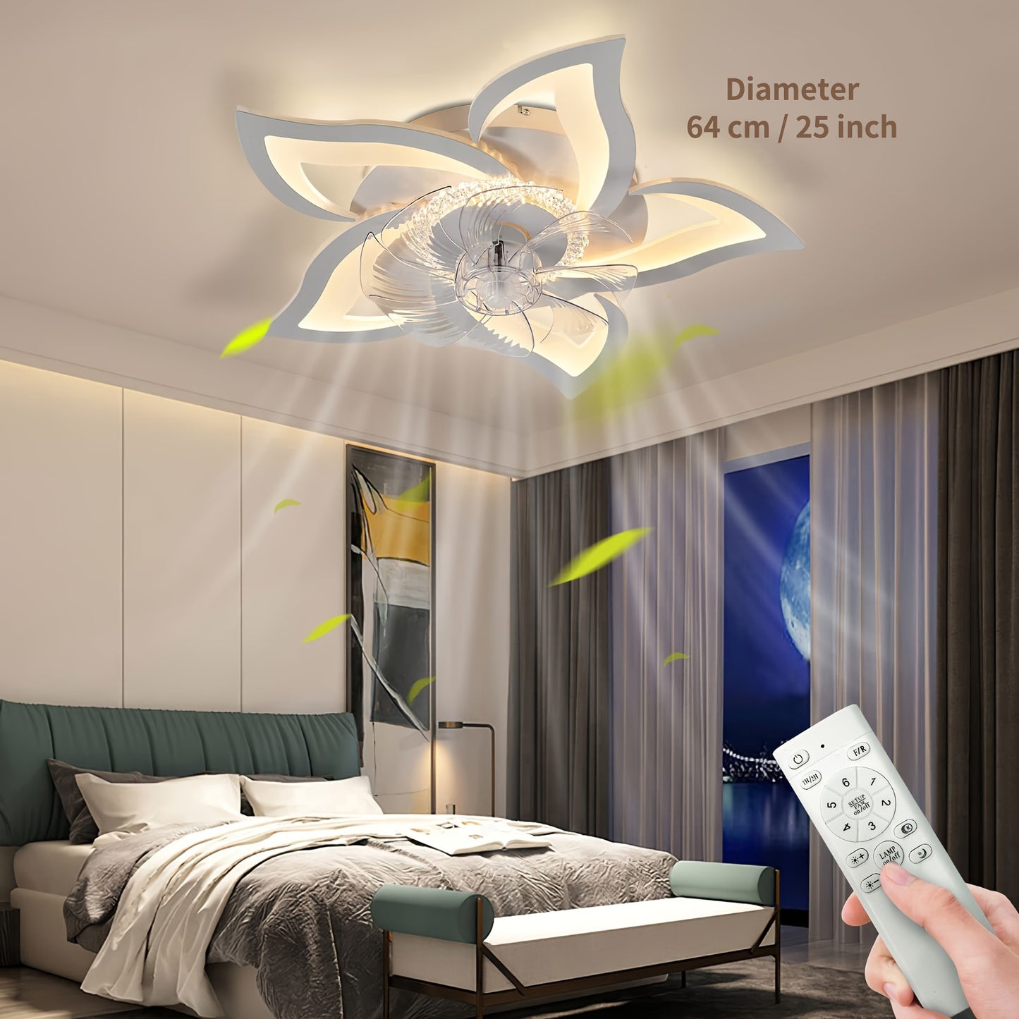 Sleek modern ceiling fan with smart LED light in flower design for any room, with 6 speeds, dimmable feature, remote control, and 3 color modes.