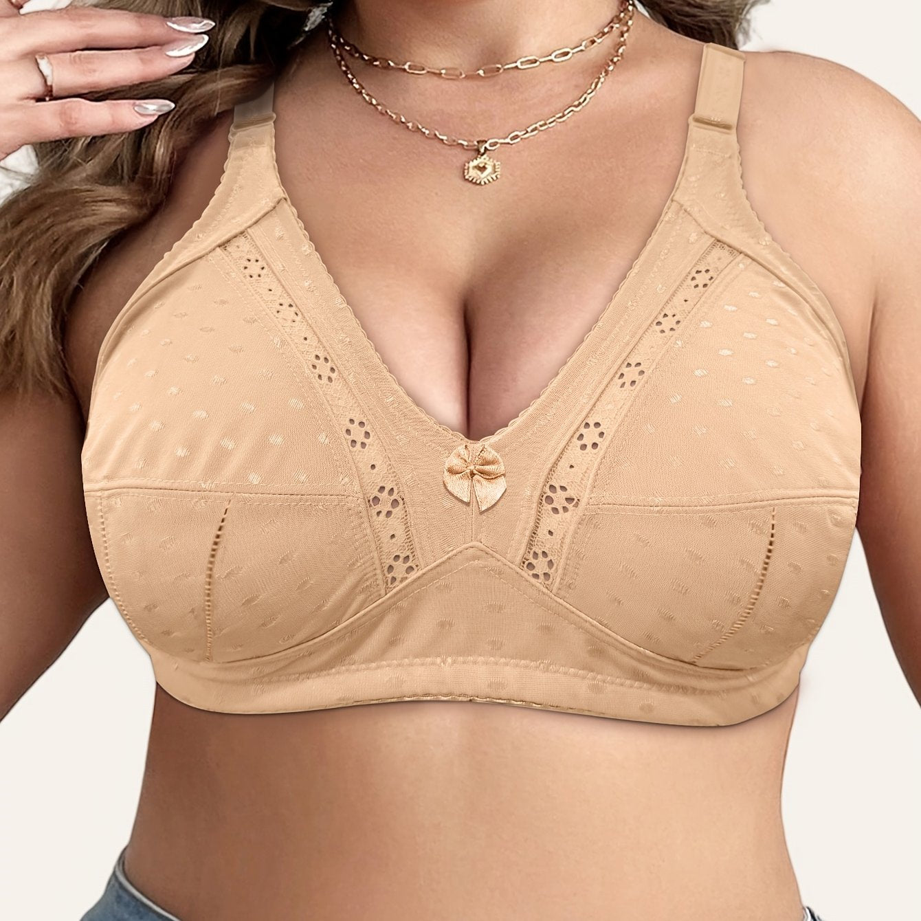 Stylish plus size bralette with bow detail - breathable, wire-free, full coverage lace bra for all seasons