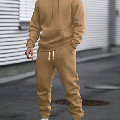 Men's Casual Sportswear Set - Solid Color Hoodie & Joggers, Polyester Blend, Machine Washable - Ideal for Spring/Fall