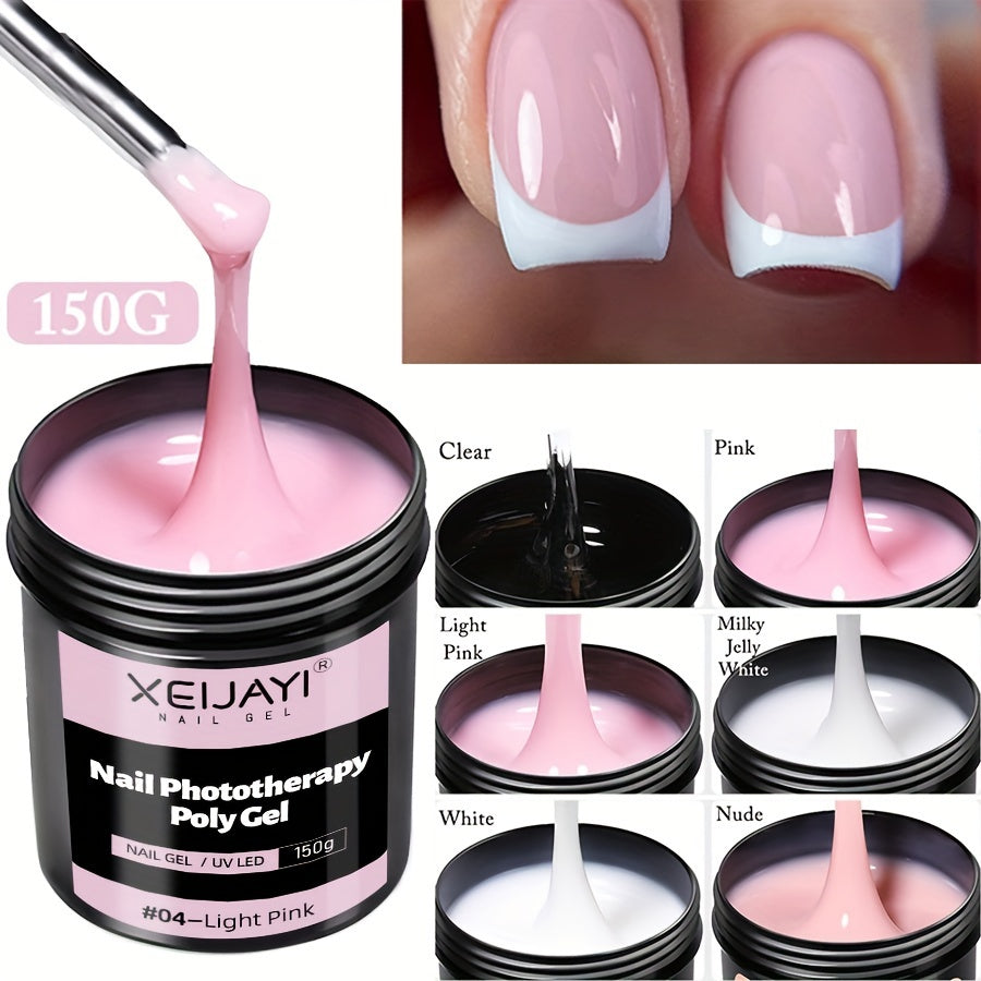 XEIYAI 150g Nail Phototherapy Polygel Gel offers pain-free construction and a glossy finish. The UV solid acrylic gel features a heart pattern and round shape, making it lightweight and