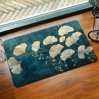 This retro-style Ginkgo Leaf pattern floor mat is 8mm thick and made from soft, high-quality material. It is suitable for use in the kitchen, living room, or bedroom. This durable mat is machine washable and can be used as an entrance door mat or