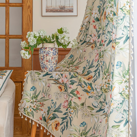 Farmhouse style multicolor boho curtains with chic floral design and tassel accents. These curtains provide sunshade, anti-spy privacy protection for bedrooms, living rooms, restaurants, bars, parties, playrooms, dorms, and homes. Perfect for adding a