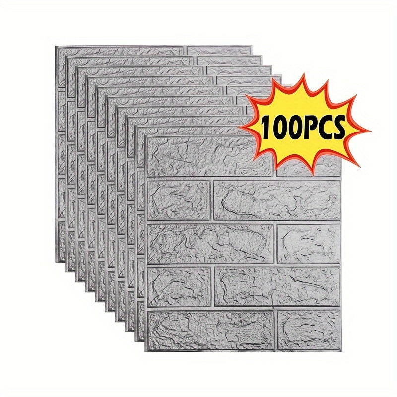 3D stereo brick stickers for indoor home decoration, available in quantities of 20, 50, or 100 pieces. Dimensions are 38.5×35cm/15.16×13.78in. PE foam material is waterproof and oilproof.