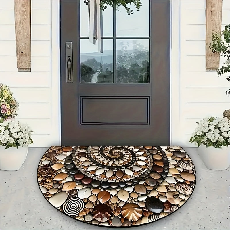 Colorful pebble welcome mat with spiral stone design in brown, beige, white, and black. Made of velvet with non-slip rubber backing. Ideal for front door, bedroom, kitchen, and bathroom