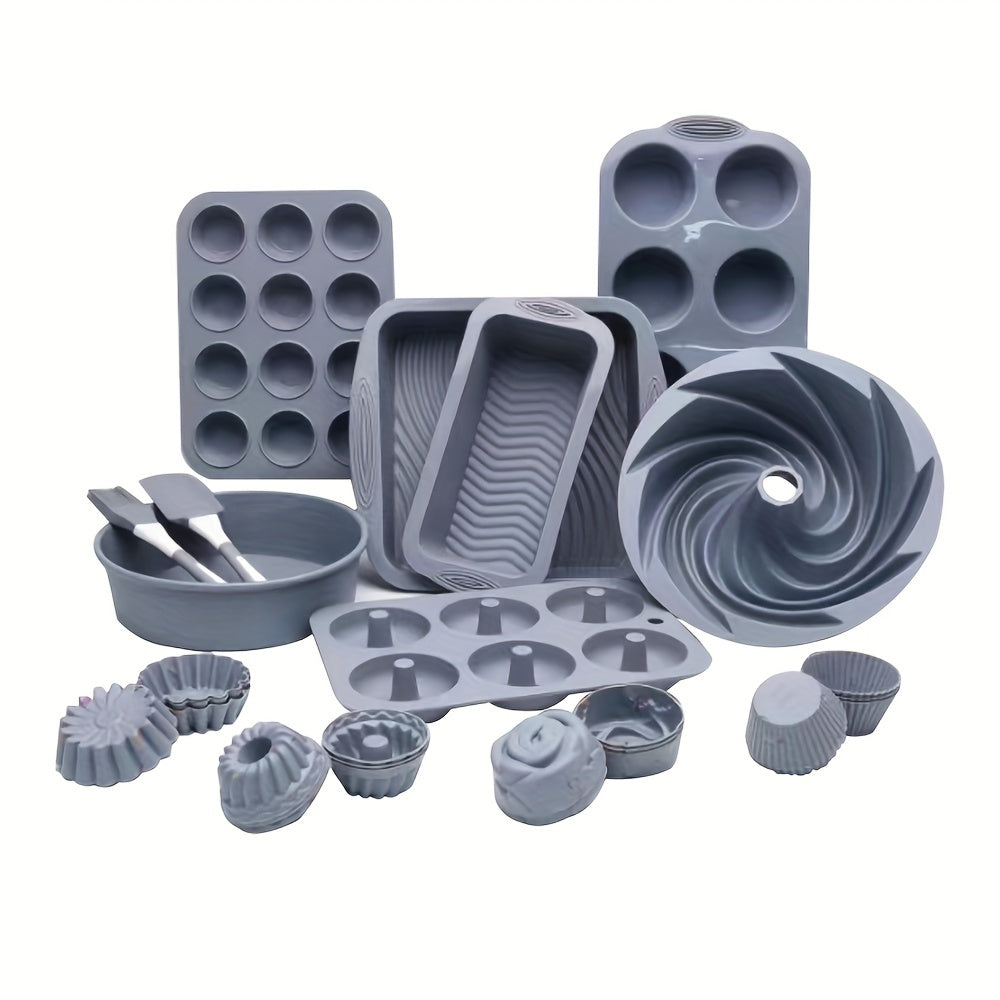 33 pieces of Silicone Baking Pan Set including Cake Pan, Muffin Pan, Cupcake Cups, and other Baking Tools, Kitchen Gadgets, and Accessories.