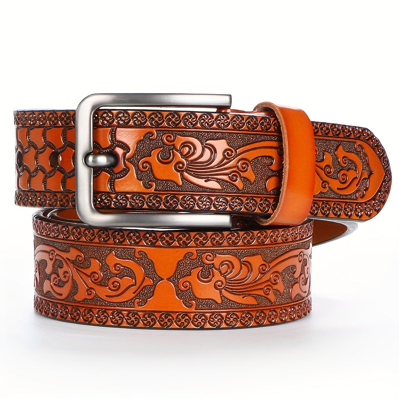 Stylish men's leather belt with alloy buckle, perfect for business and casual wear, made with genuine leather and alloy. Great gift idea for Father's Day and Valentine's Day.