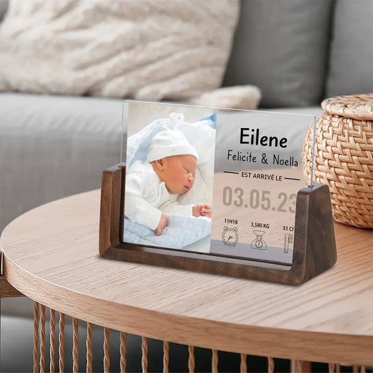 Personalized Birth Photo Frame - Acrylic UV Print Announcement Keepsake with Matte Black Stand for Nursery Decor - Customizable