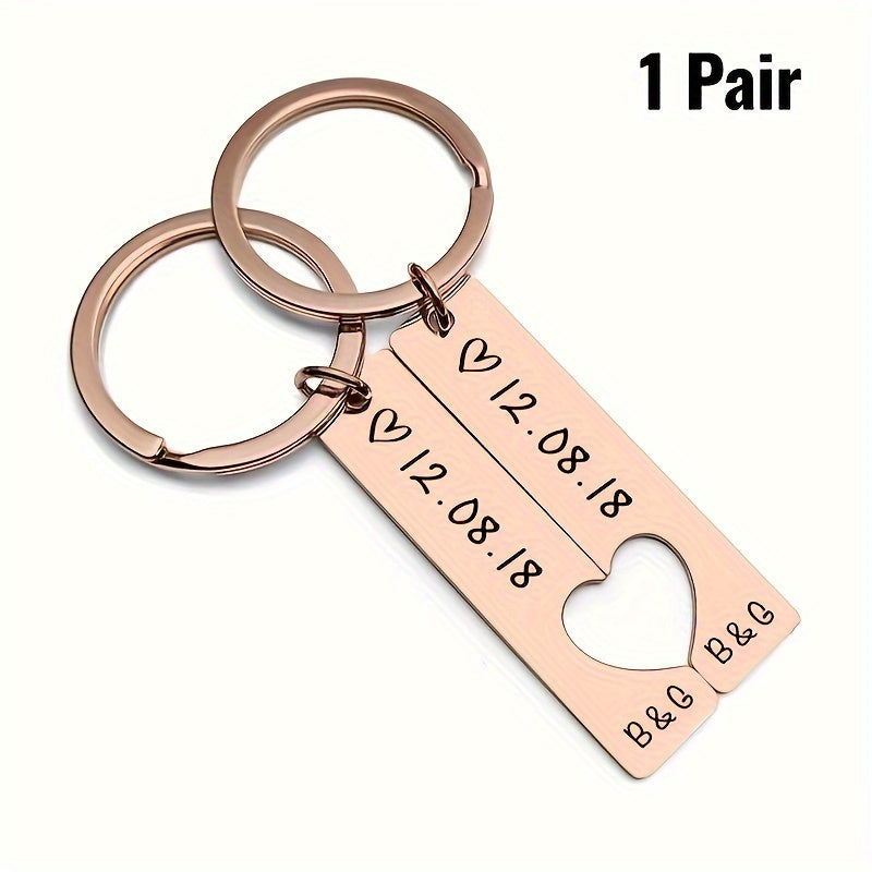 Personalized Hipster Style Couple Keychains with Date, made of high-quality stainless steel. Ideal Gift for Anniversary, Birthday, or Father's Day.