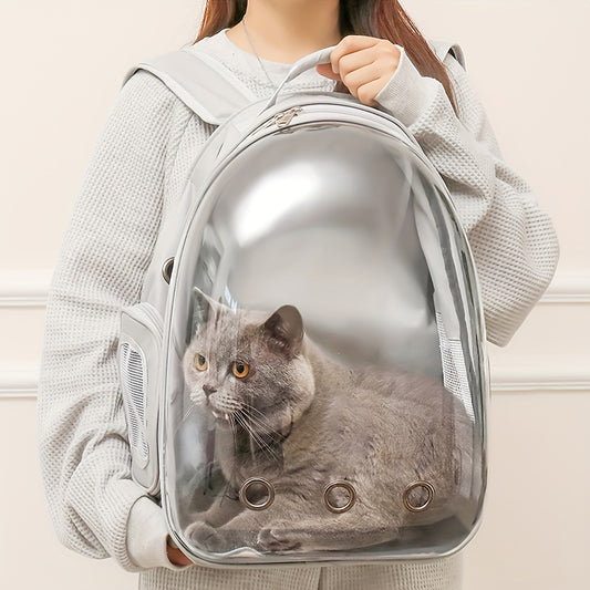 See-through PVC cat carrier backpack with breathable space capsule design and zipper closure for comfort and portability.