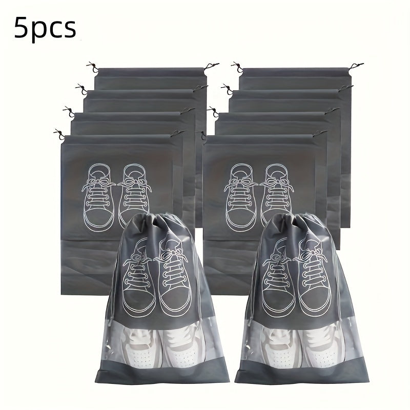 5 Portable shoe storage bags with drawstring made of waterproof, non-woven fabric for travel and closet organization.