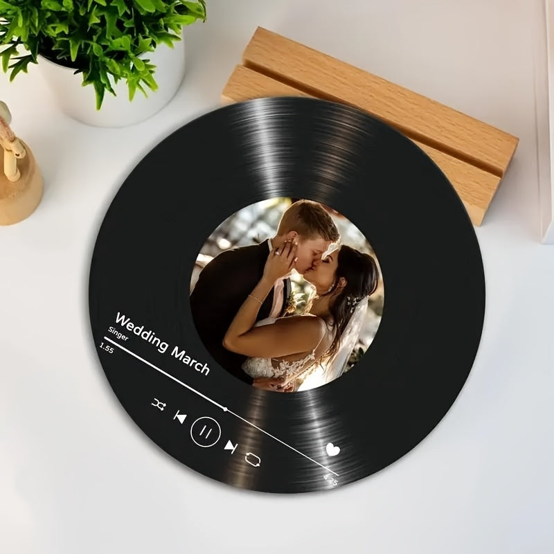 Rectangular Wooden Based Personalized Vinyl Record Photo Display - A Vertical Acrylic Frame perfect for Wedding, Anniversary, Birthday, Valentine's Day, Christmas Gift featuring a Single Picture with a Polished Finish.