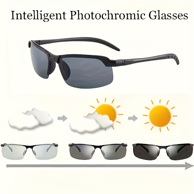 Stylish photochromic fashion glasses for men and women, ideal for outdoor activities like sports, driving, fishing, and travel. Features a durable PC frame with a cool design, also suitable