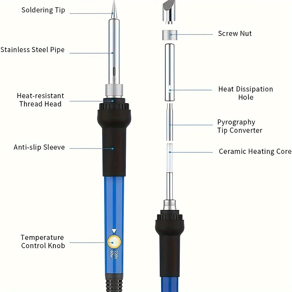 60W Adjustable Temperature Soldering Iron Kit with 15pcs set, Desoldering Pump, Ceramic Heating Element, Electric Solder Station for DIY & Repair, in Red/Blue/Black color scheme.