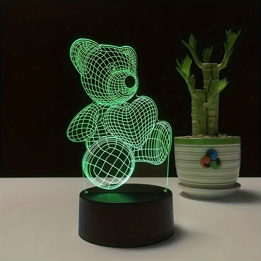 Charming Bear and Heart LED Night Light - Powered by USB, Safe for Eyes, 3D Acrylic Table Lamp for Bedroom Decoration