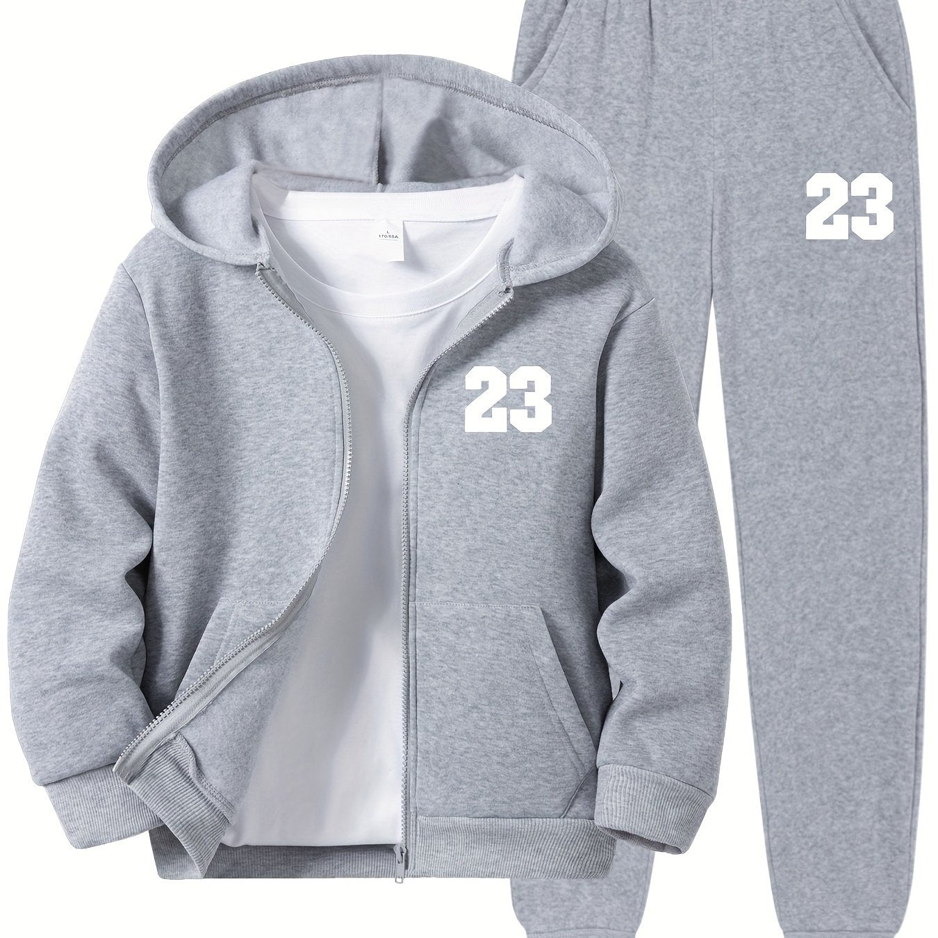 Boys' 2-piece #23 print hoodie and joggers set in cozy fleece lining, ideal for fall/winter casual wear and running outdoors.