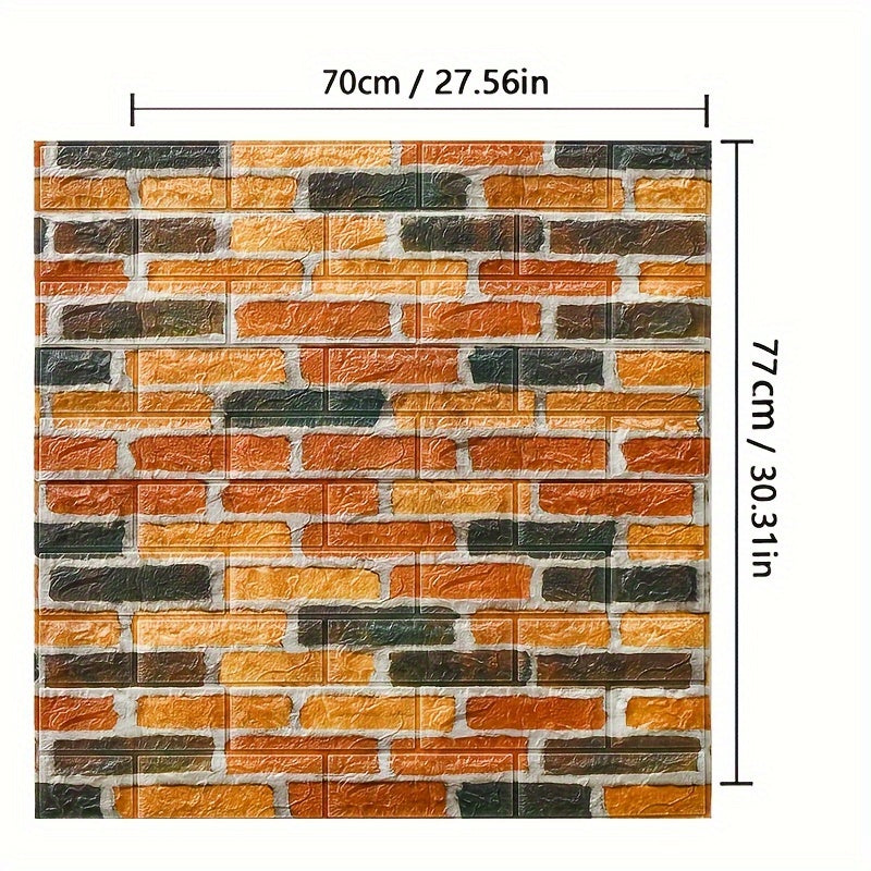 10pcs self-adhesive PVC wallpaper 3D brick wall stickers measuring 70cm X 77cm for DIY home decor in bedroom and bathroom.