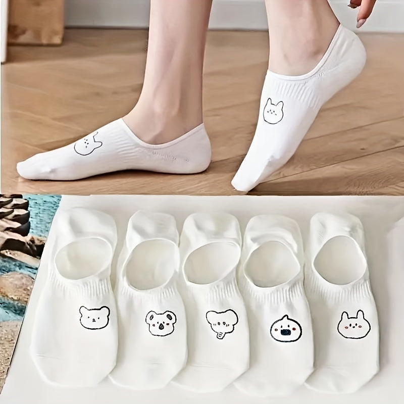 10 pairs of women's white no-show socks with cute animal design, ideal for casual wear.