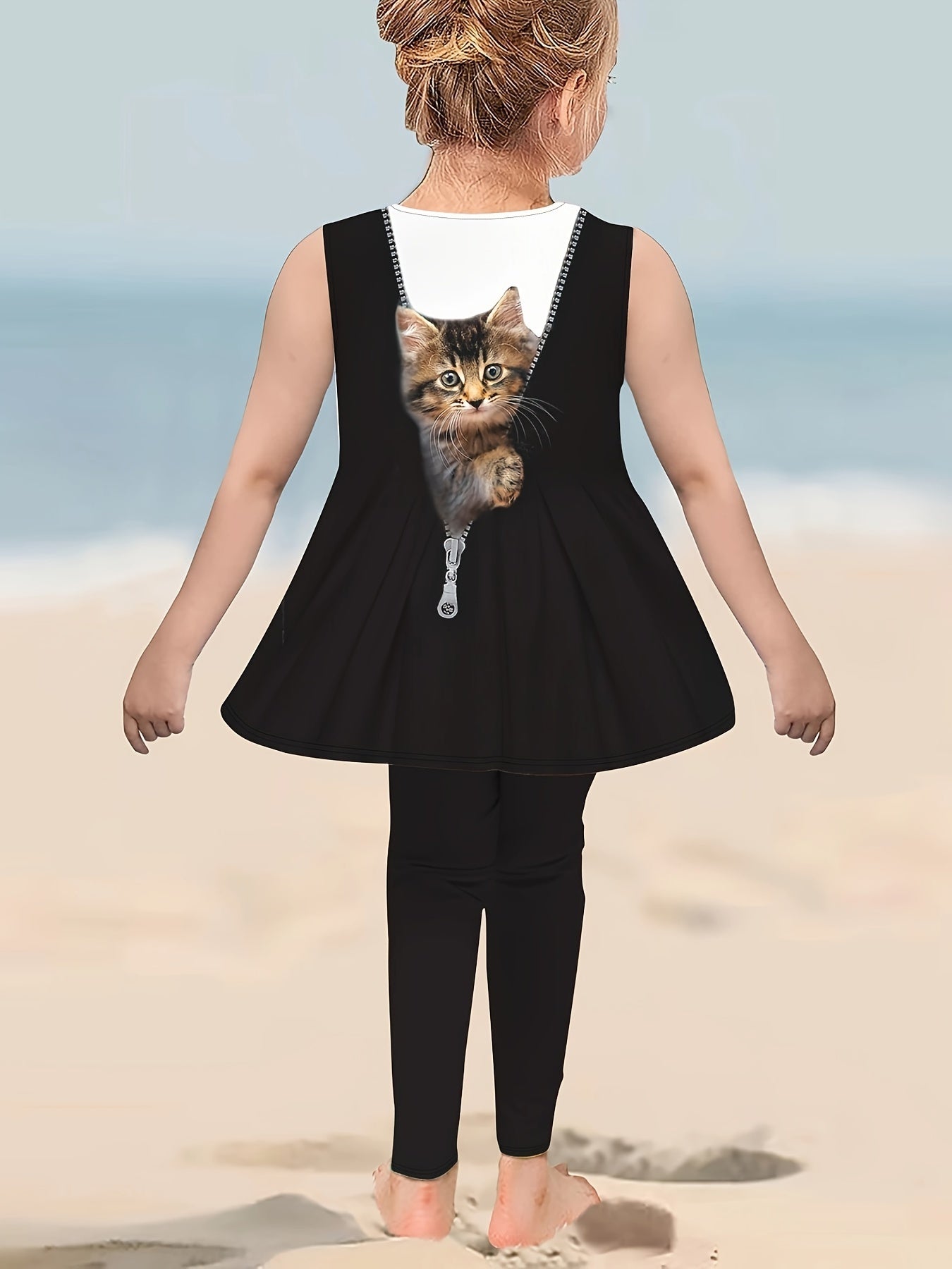 2 piece set for girls featuring a cat graphic sleeveless crew neck t-shirt and pants, perfect for summer outdoor wear. Great as a gift.