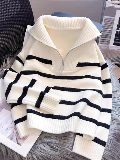 Elegant Striped Zip-Up Knit Sweater, Cozy Acrylic & Polyester Blend, Ideal for Fall/Winter