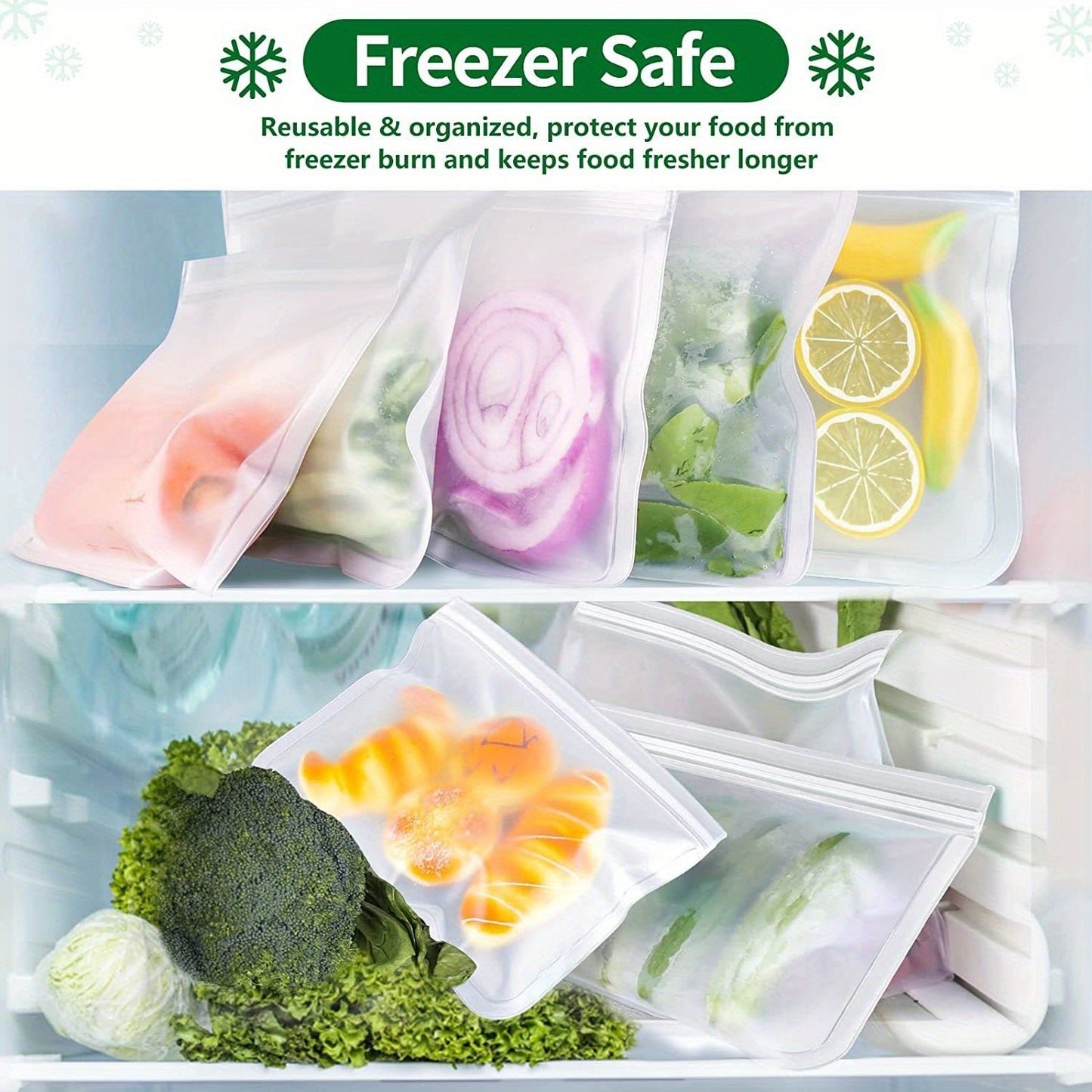 Dishwasher Safe Reusable Freezer Bags - Set of 10, BPA-free and Extra Thickened. Leakproof Silicone and Plastic Free Storage Bags for Meats, Cereal, Sandwiches, Snacks, and Organizing Your Kitchen. Includes Kitchen Accessories for Easy Storage.