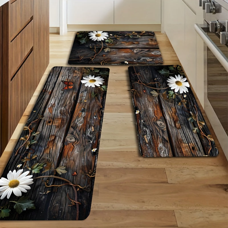 1 piece of Sponge Floor Mat with a weight of 122-483g, featuring a 8mm thickness and a retro Daisy Wood Grain Pattern design. This versatile floor mat can be used in the living room, bedroom, kitchen, bathroom, or even outdoors. It is a decorative bath