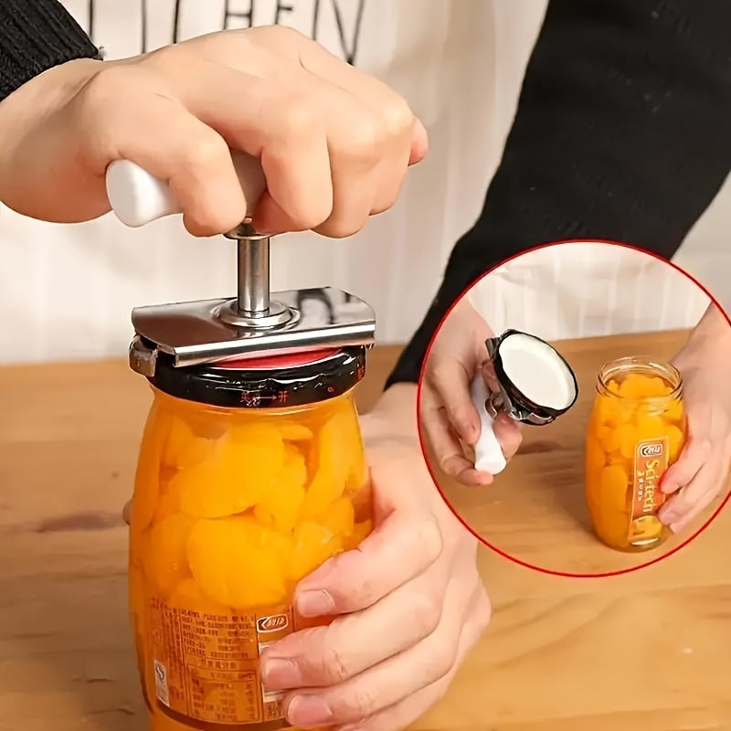 Stainless steel jar opener for easy twist opening of cans and bottles in the kitchen.