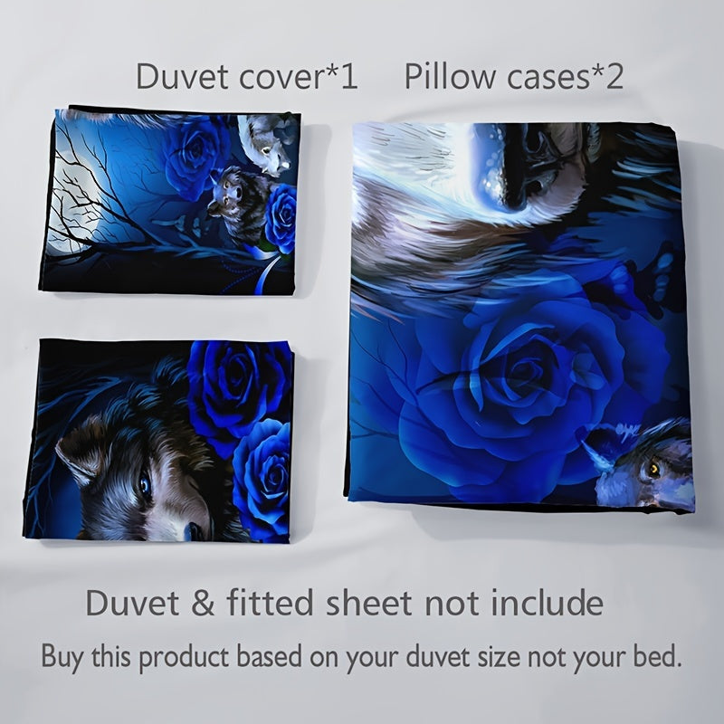 Fashionable 3-piece Duvet Cover Set featuring a striking Wolf Blue Rose Print design. This bedding set is made of soft, comfortable, and breathable material, perfect for adding style and comfort to your bedroom or guest room. Set includes 1 Duvet Cover